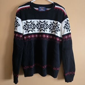 American Living Black and White Snowflake Crewneck Sweater, L PTP=21.5"